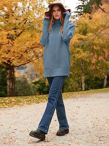 ANRABESS Oversized Sweaters for Women Turtleneck Long Batwing Sleeve Knit Casual Pullover Split Hem Solid Chunky Warm Slouchy 2023 Fall Winter Sweater Tops B718xuelan-S Indigo