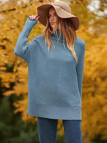 ANRABESS Oversized Sweaters for Women Turtleneck Long Batwing Sleeve Knit Casual Pullover Split Hem Solid Chunky Warm Slouchy 2023 Fall Winter Sweater Tops B718xuelan-S Indigo