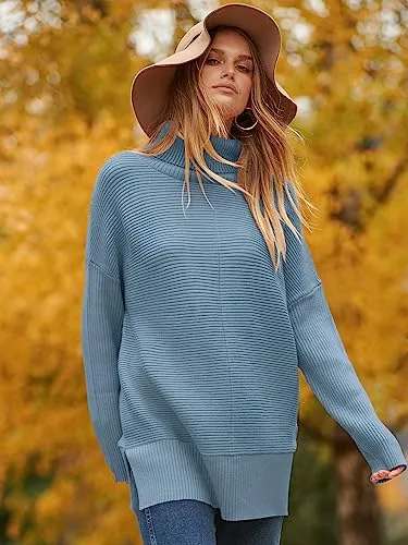 ANRABESS Oversized Sweaters for Women Turtleneck Long Batwing Sleeve Knit Casual Pullover Split Hem Solid Chunky Warm Slouchy 2023 Fall Winter Sweater Tops B718xuelan-S Indigo