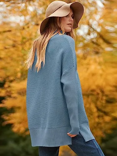 ANRABESS Oversized Sweaters for Women Turtleneck Long Batwing Sleeve Knit Casual Pullover Split Hem Solid Chunky Warm Slouchy 2023 Fall Winter Sweater Tops B718xuelan-S Indigo