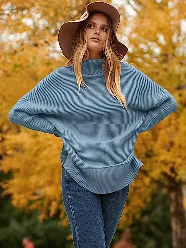 ANRABESS Oversized Sweaters for Women Turtleneck Long Batwing Sleeve Knit Casual Pullover Split Hem Solid Chunky Warm Slouchy 2023 Fall Winter Sweater Tops B718xuelan-S Indigo