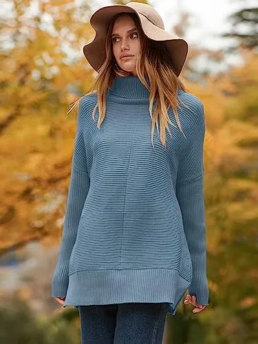 ANRABESS Oversized Sweaters for Women Turtleneck Long Batwing Sleeve Knit Casual Pullover Split Hem Solid Chunky Warm Slouchy 2023 Fall Winter Sweater Tops B718xuelan-S Indigo