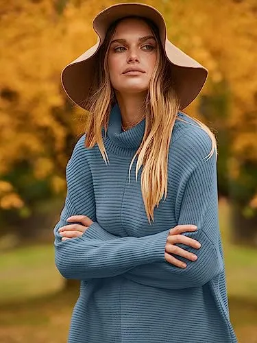 ANRABESS Oversized Sweaters for Women Turtleneck Long Batwing Sleeve Knit Casual Pullover Split Hem Solid Chunky Warm Slouchy 2023 Fall Winter Sweater Tops B718xuelan-S Indigo