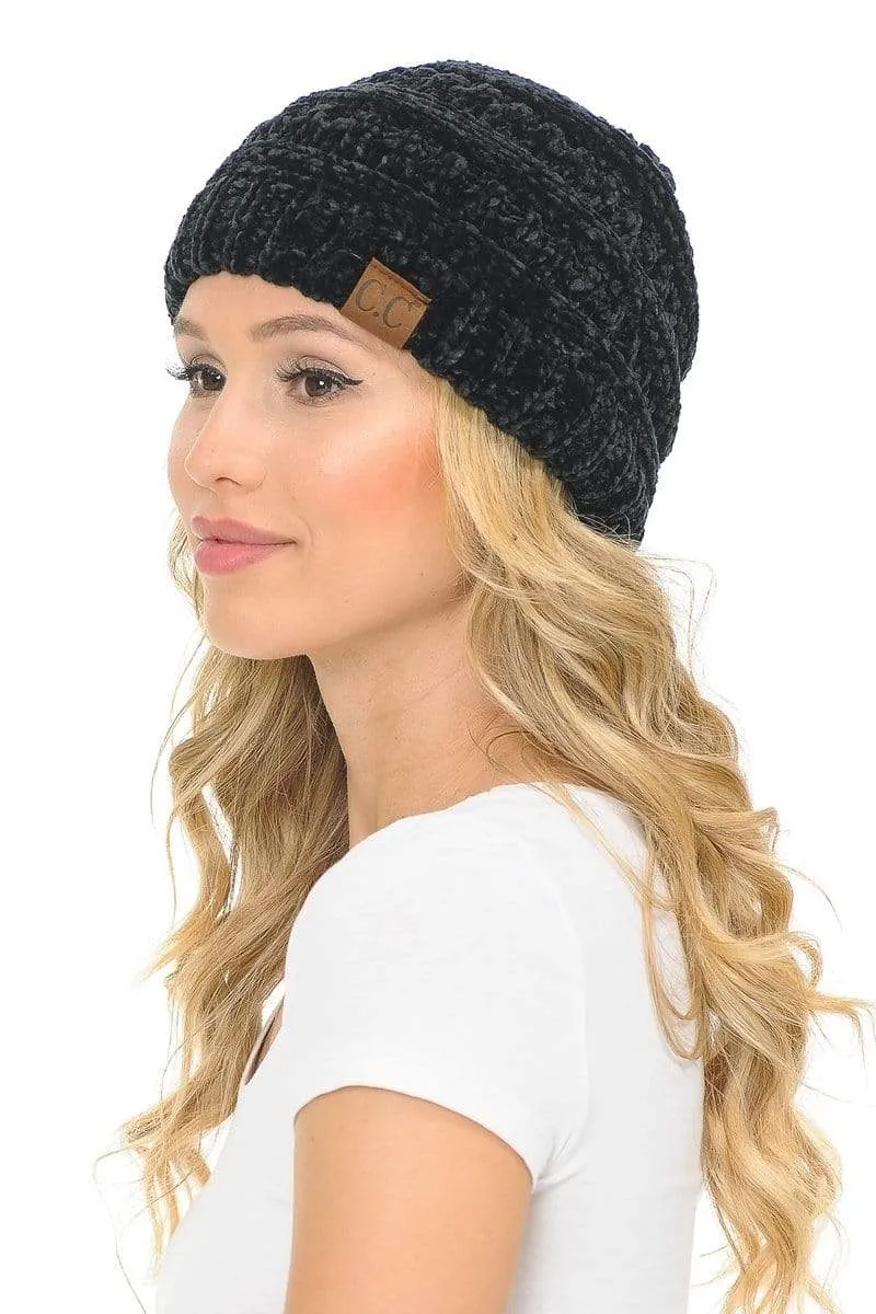 C.C Hat 30 - Chenille Textured Soft Stretchy Warm Thick Cap Hat Cable Knit Beanie