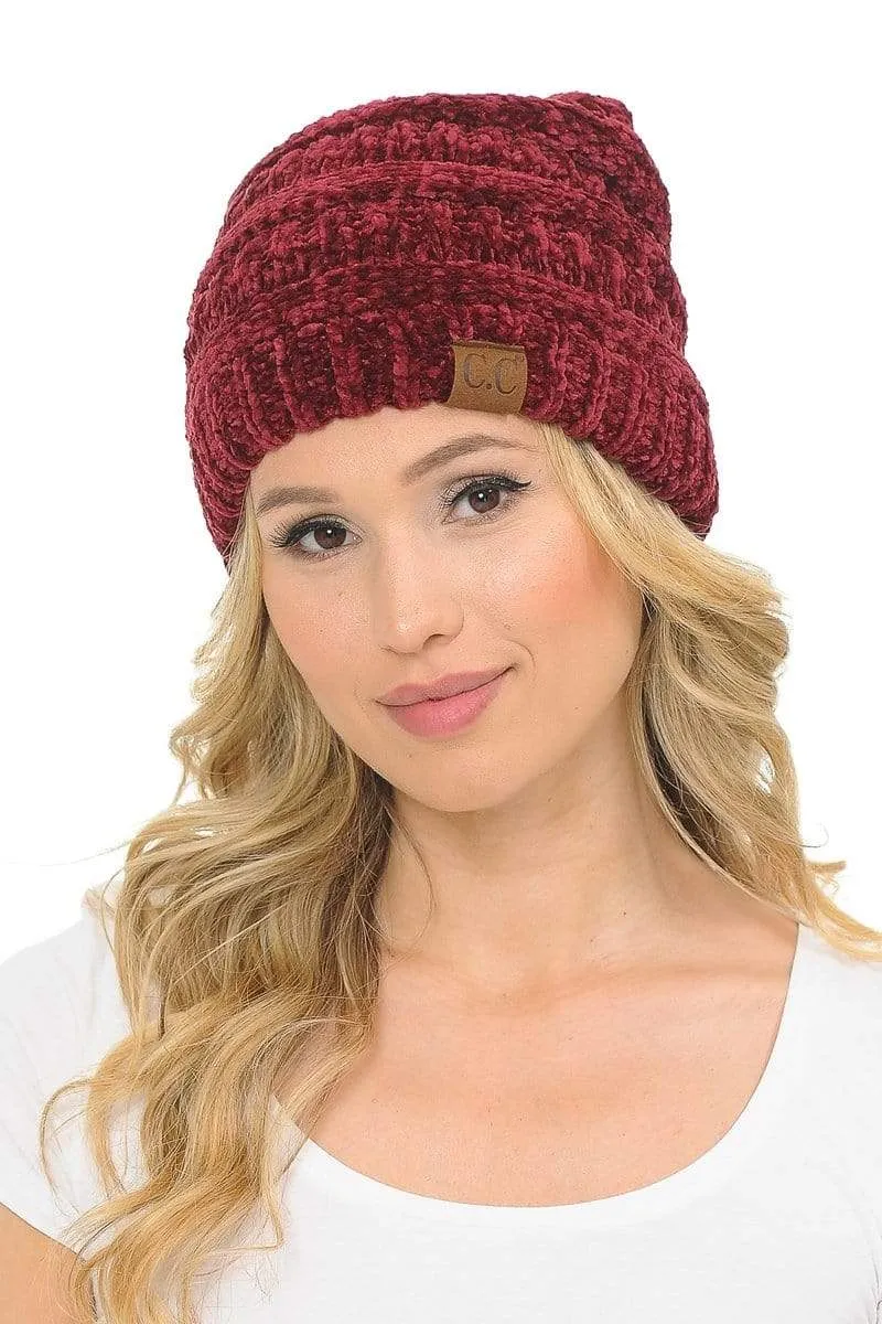 C.C Hat 30 - Chenille Textured Soft Stretchy Warm Thick Cap Hat Cable Knit Beanie