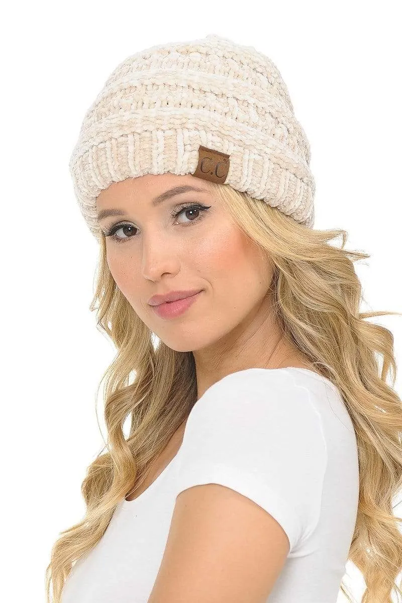 C.C Hat 30 - Chenille Textured Soft Stretchy Warm Thick Cap Hat Cable Knit Beanie