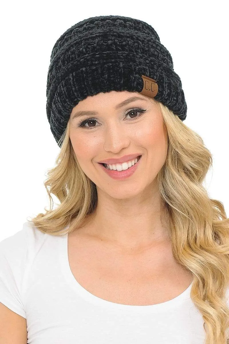 C.C Hat 30 - Chenille Textured Soft Stretchy Warm Thick Cap Hat Cable Knit Beanie