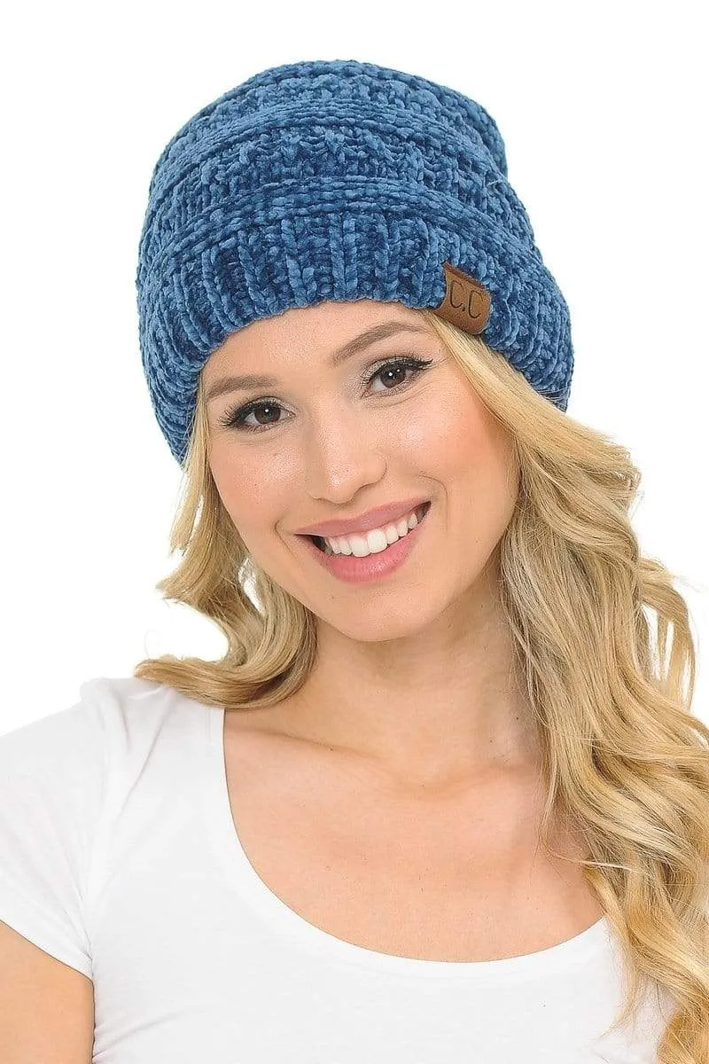 C.C Hat 30 - Chenille Textured Soft Stretchy Warm Thick Cap Hat Cable Knit Beanie