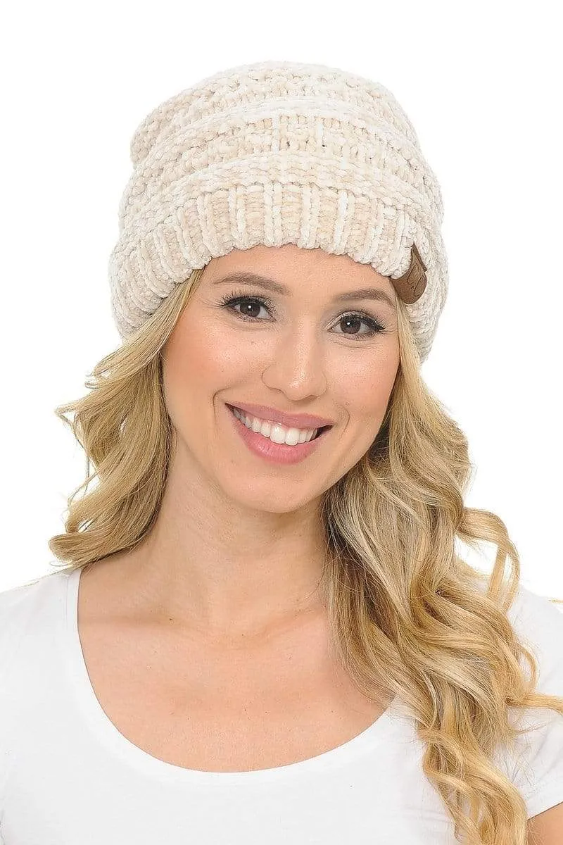 C.C Hat 30 - Chenille Textured Soft Stretchy Warm Thick Cap Hat Cable Knit Beanie