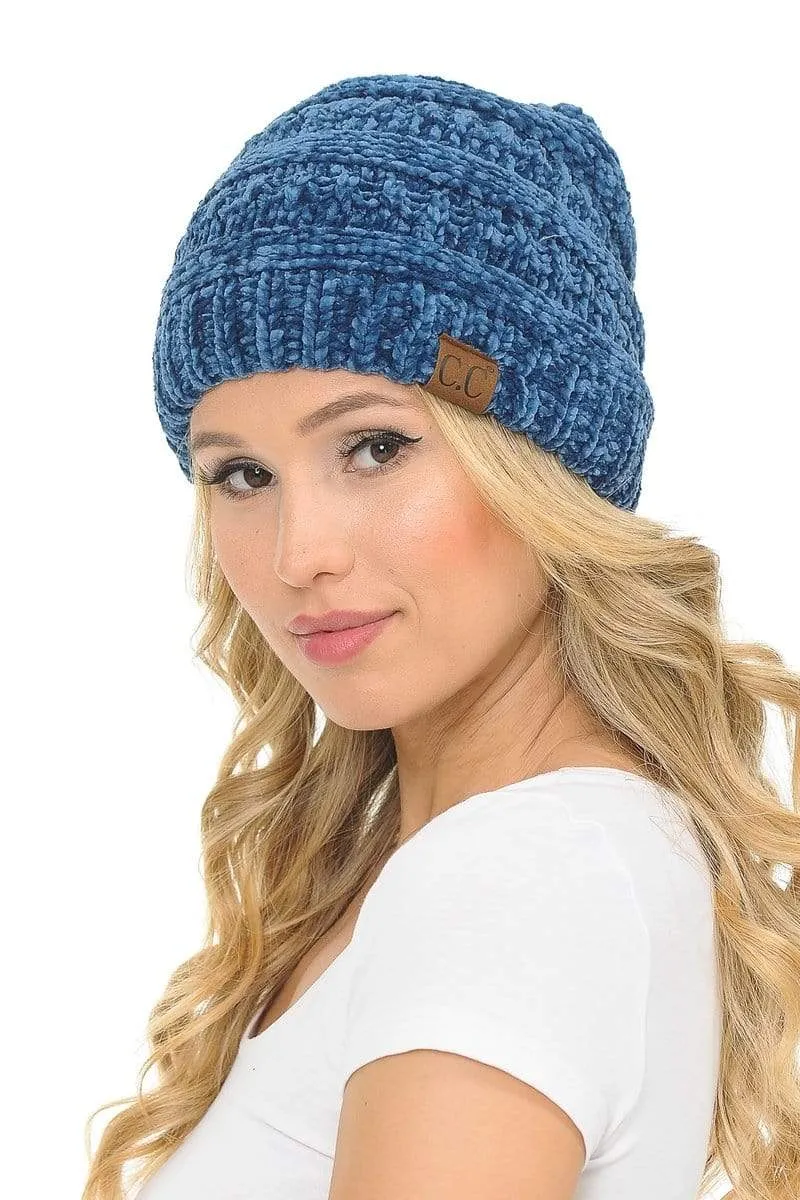 C.C Hat 30 - Chenille Textured Soft Stretchy Warm Thick Cap Hat Cable Knit Beanie