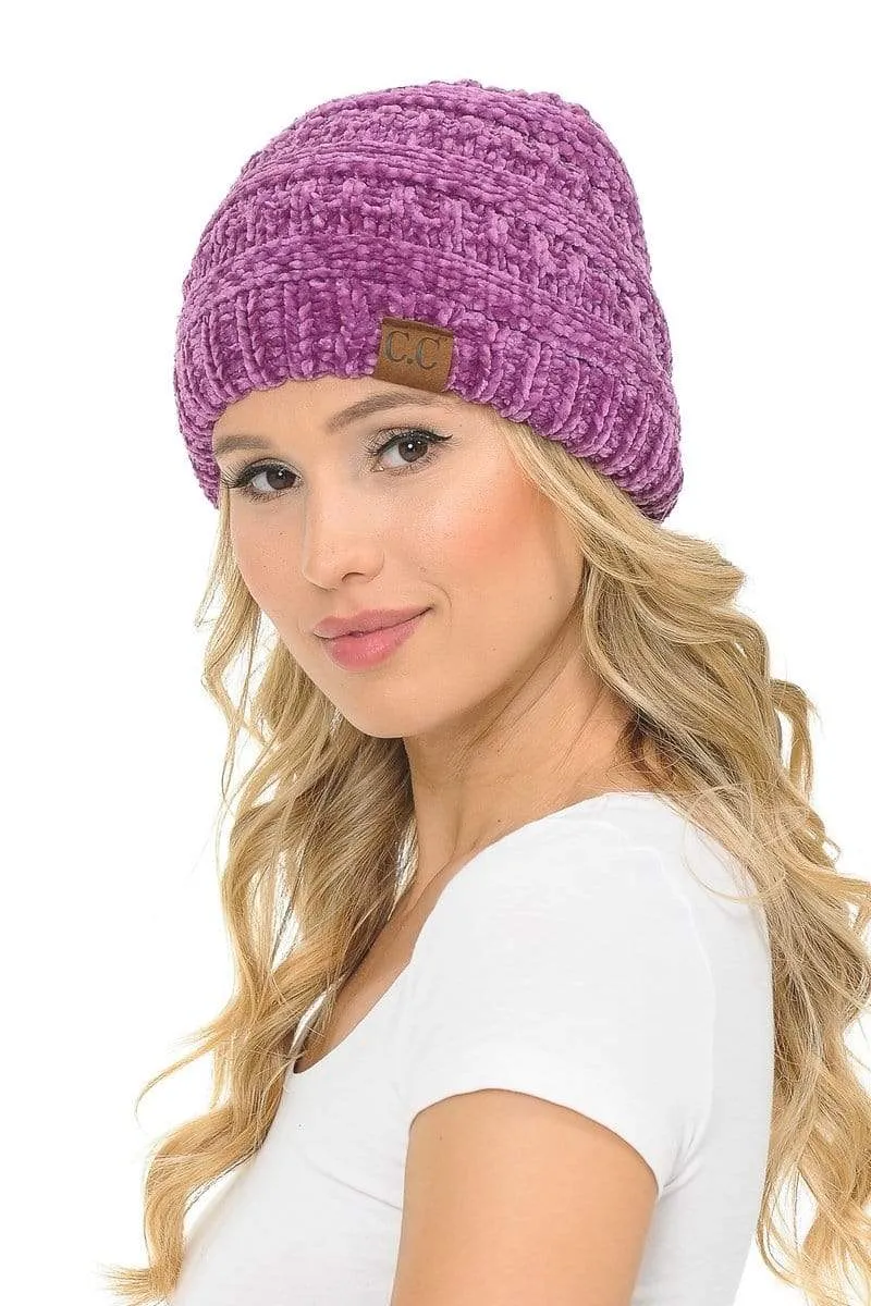 C.C Hat 30 - Chenille Textured Soft Stretchy Warm Thick Cap Hat Cable Knit Beanie