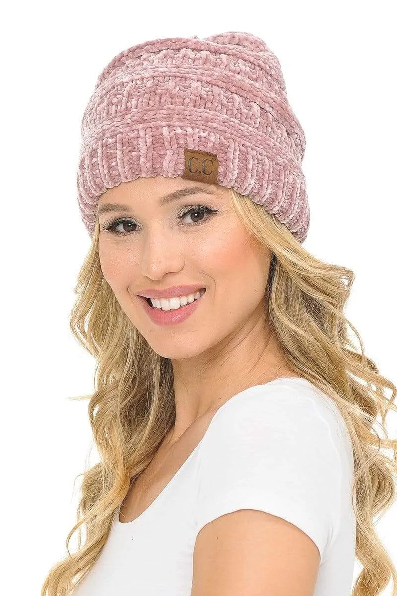 C.C Hat 30 - Chenille Textured Soft Stretchy Warm Thick Cap Hat Cable Knit Beanie