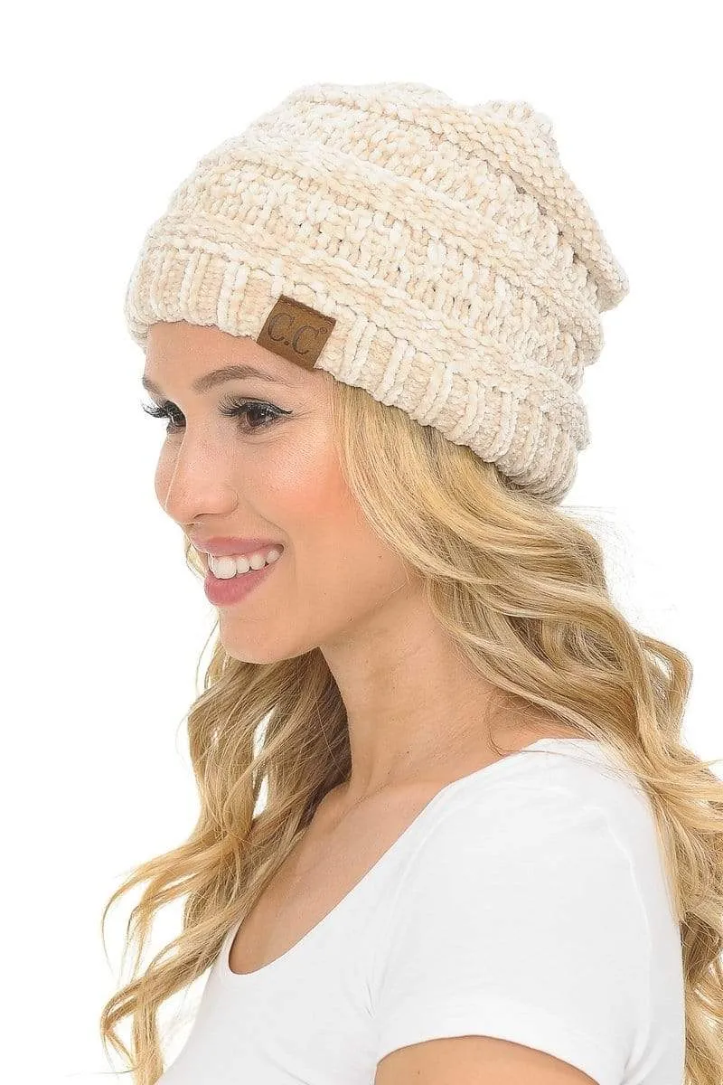 C.C Hat 30 - Chenille Textured Soft Stretchy Warm Thick Cap Hat Cable Knit Beanie