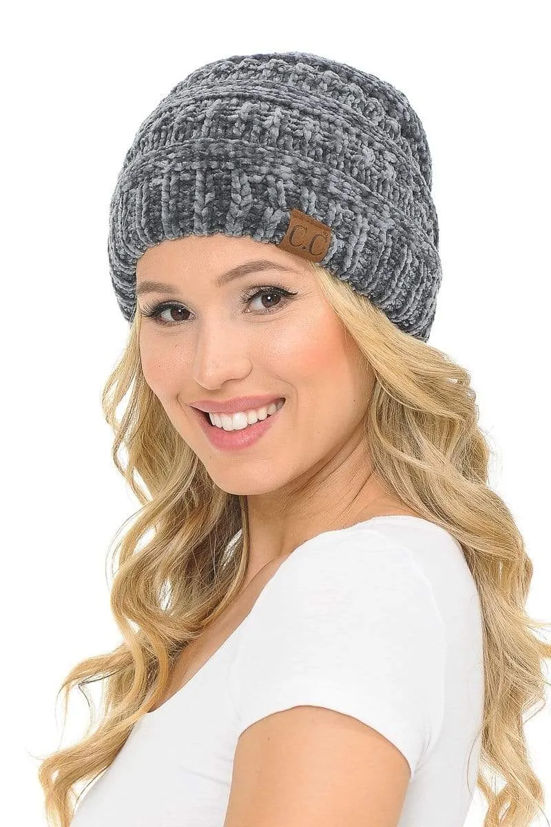 C.C Hat 30 - Chenille Textured Soft Stretchy Warm Thick Cap Hat Cable Knit Beanie