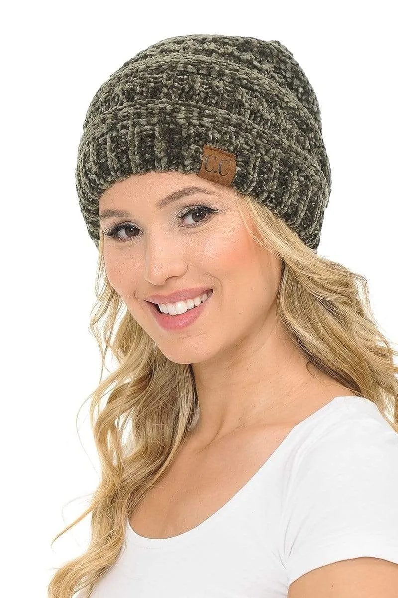 C.C Hat 30 - Chenille Textured Soft Stretchy Warm Thick Cap Hat Cable Knit Beanie