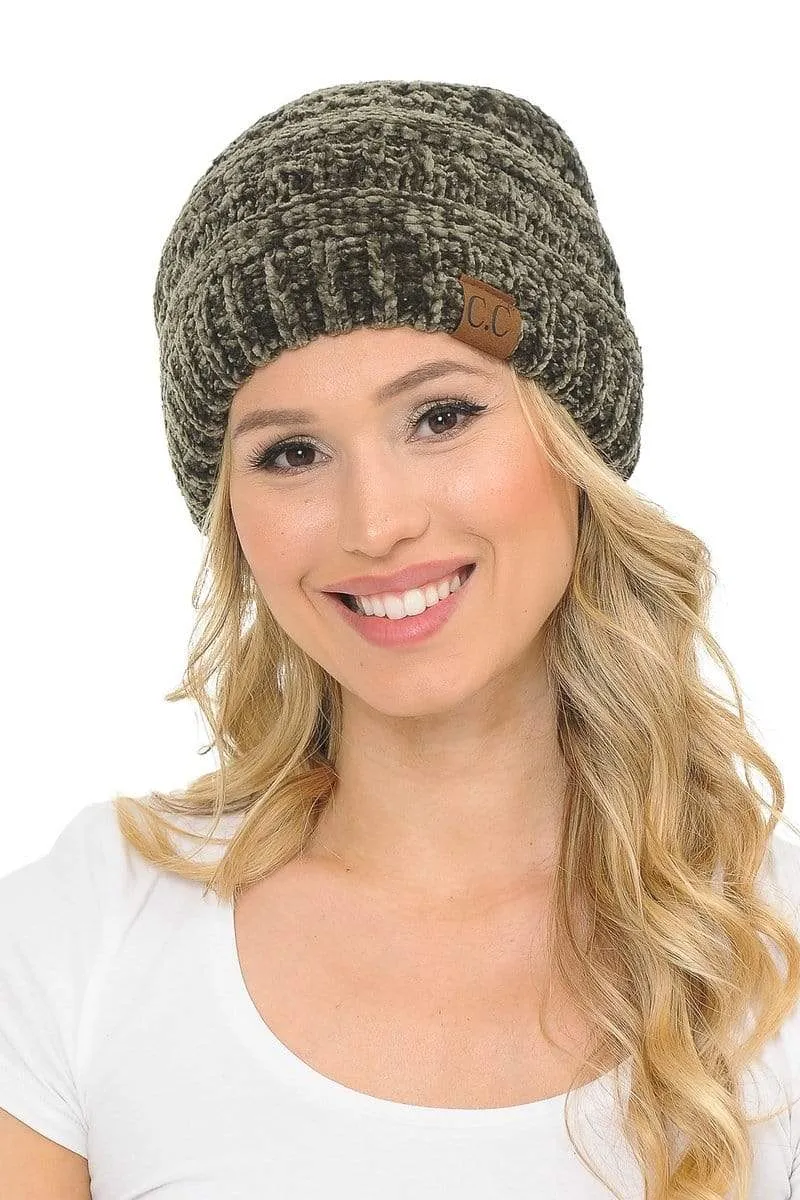 C.C Hat 30 - Chenille Textured Soft Stretchy Warm Thick Cap Hat Cable Knit Beanie