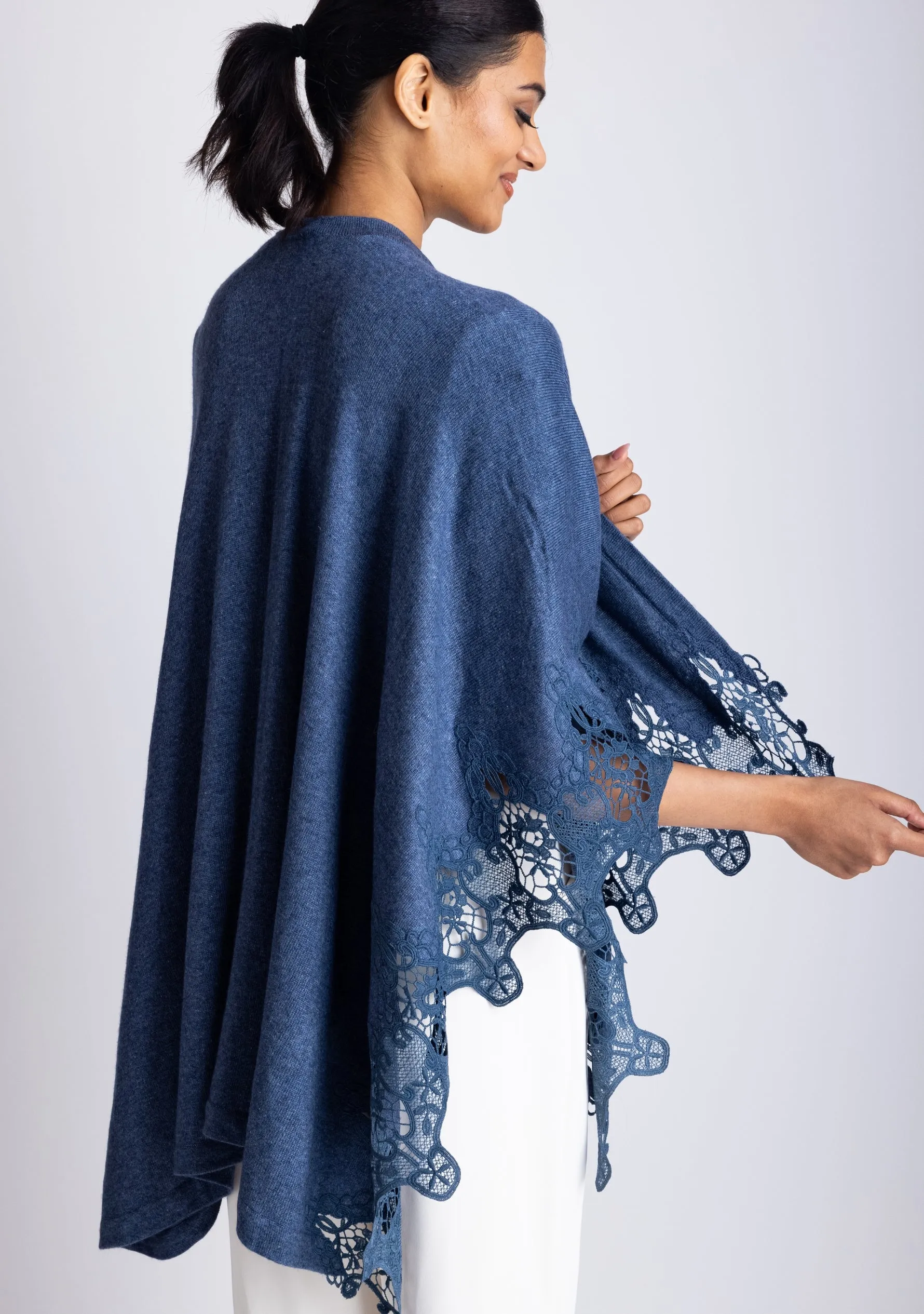 Denim Melange Knitted Fine Wool Cape with Denim Lace Application