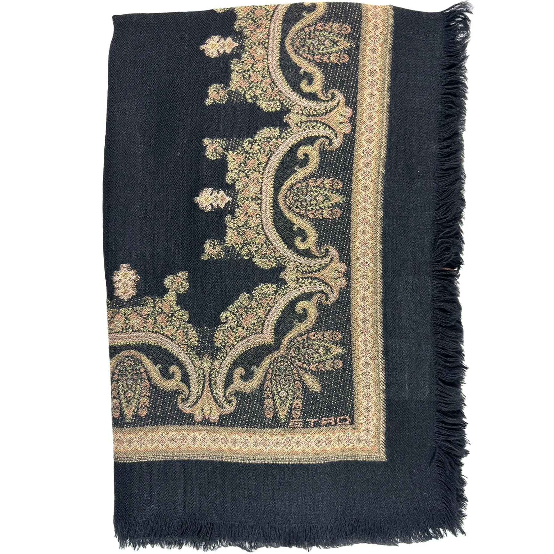 Etro Scarf Black Gold Baroque Design - Large Cashmere Shawl SALE