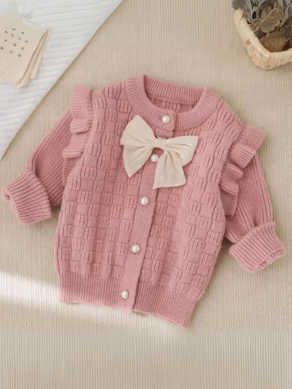 Girl's Elegant Pearl Bottons and Bow Sweater