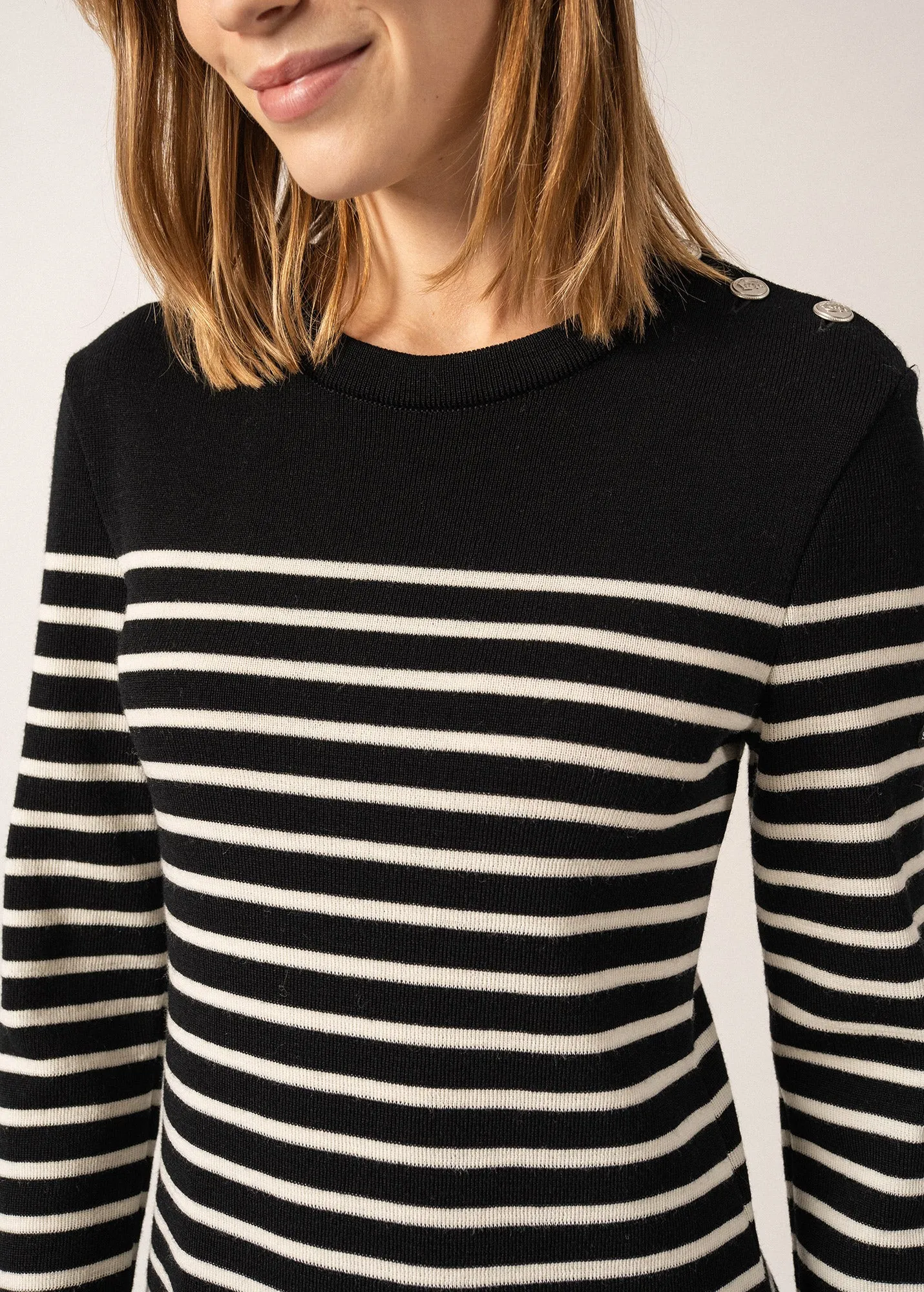 Grande Marée striped jumper dress - in wool, shoulder buttoning (NOIR/ECUME)