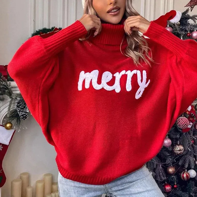 Ines - Batwing sleeve knitted sweater with turtleneck and embossed "Merry" lettering for women