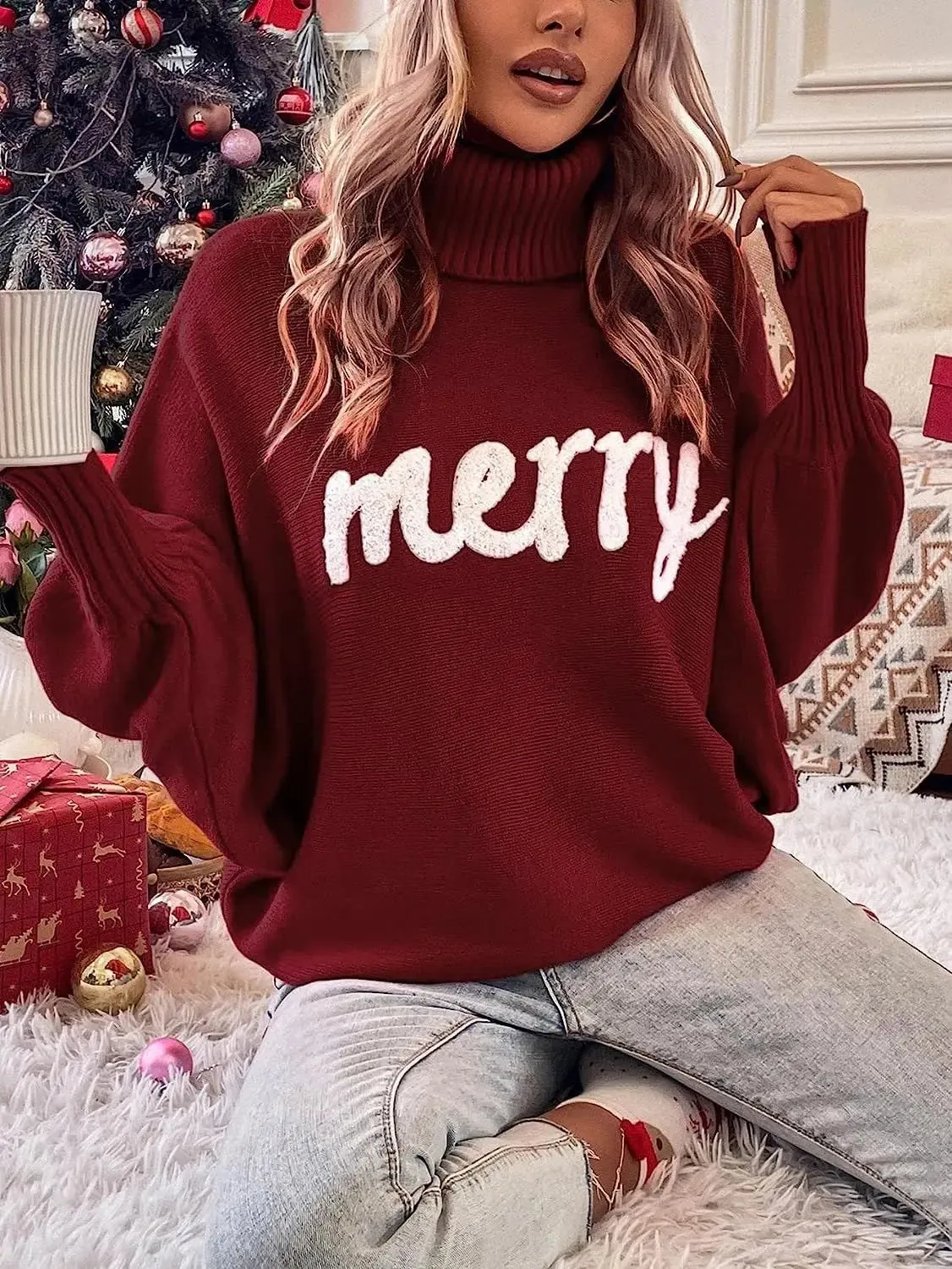 Ines - Batwing sleeve knitted sweater with turtleneck and embossed "Merry" lettering for women