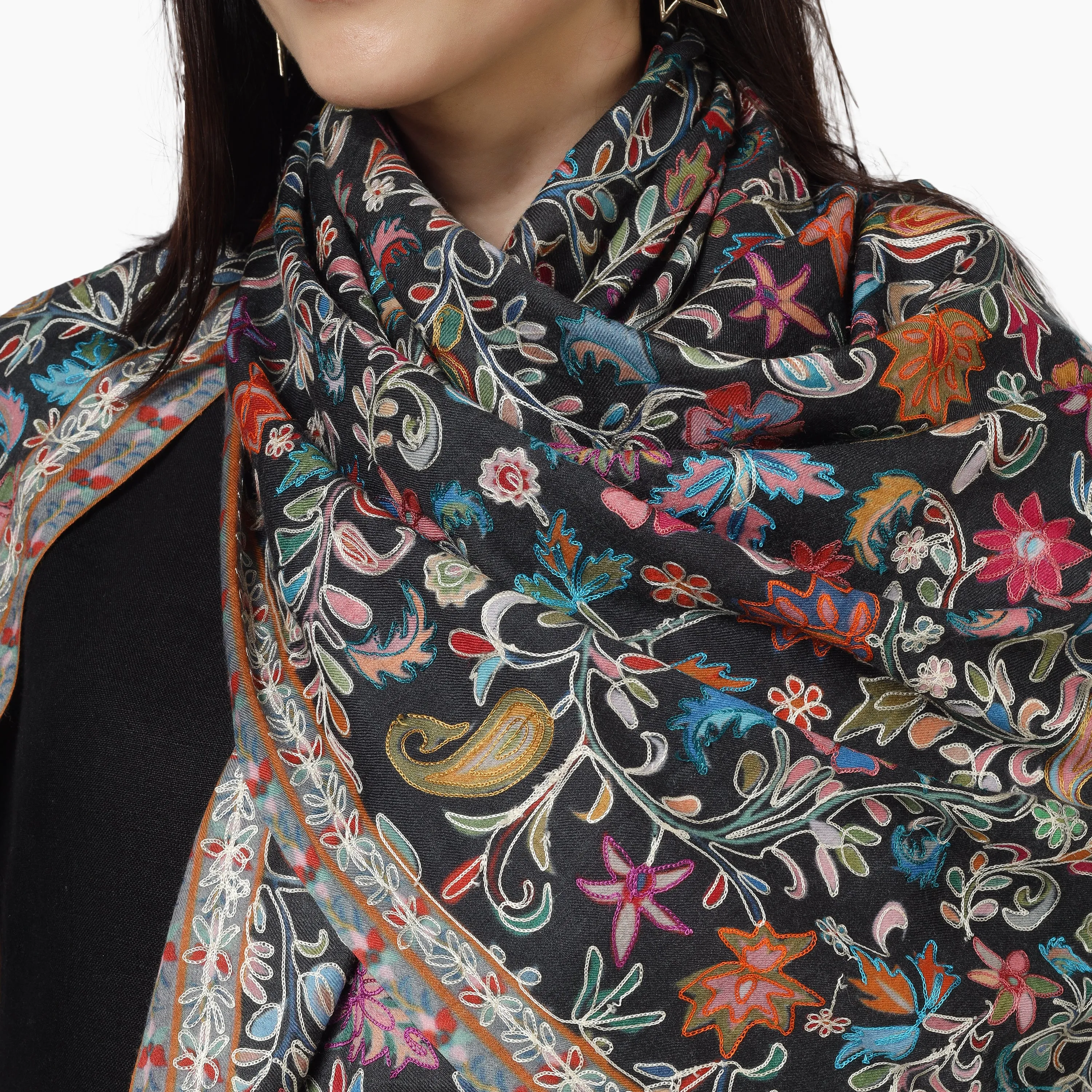 Kashmiri Kalamkari Wrap (Black)