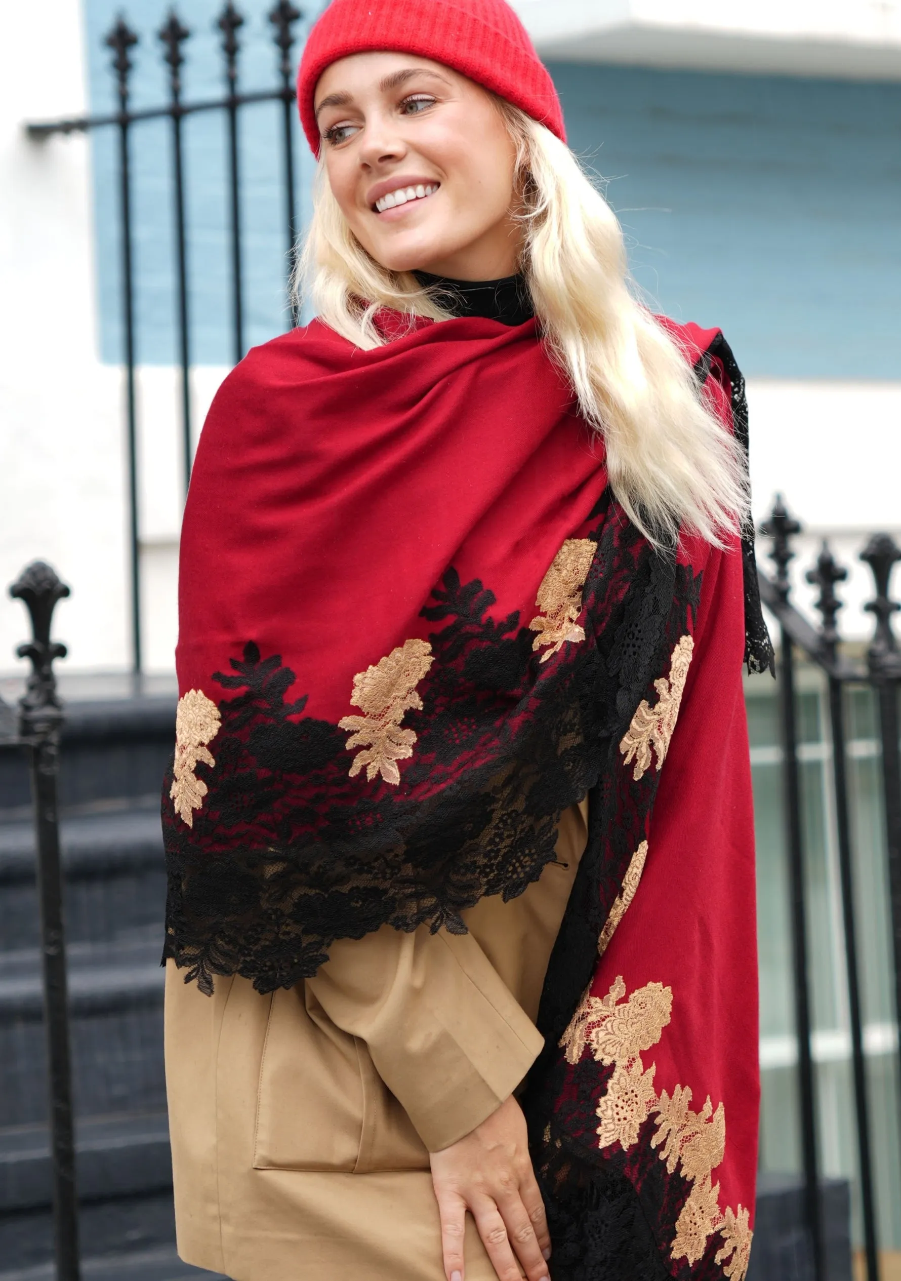 Maroon Wool and Silk Scarf with a Black and Dk. Gold Double Color Lace Border