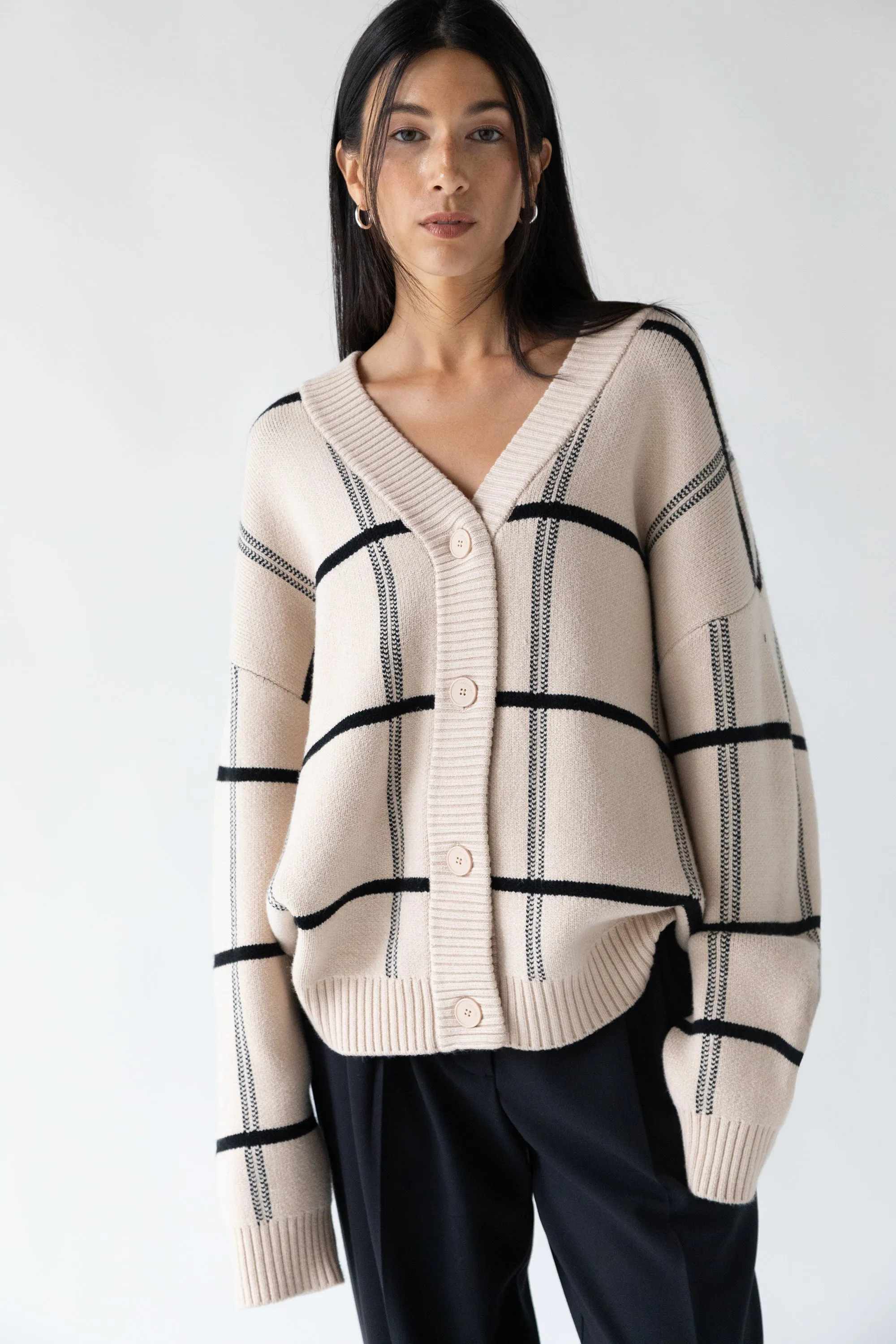 OVERSIZED GRID BUTTON FRONT CARDIGAN