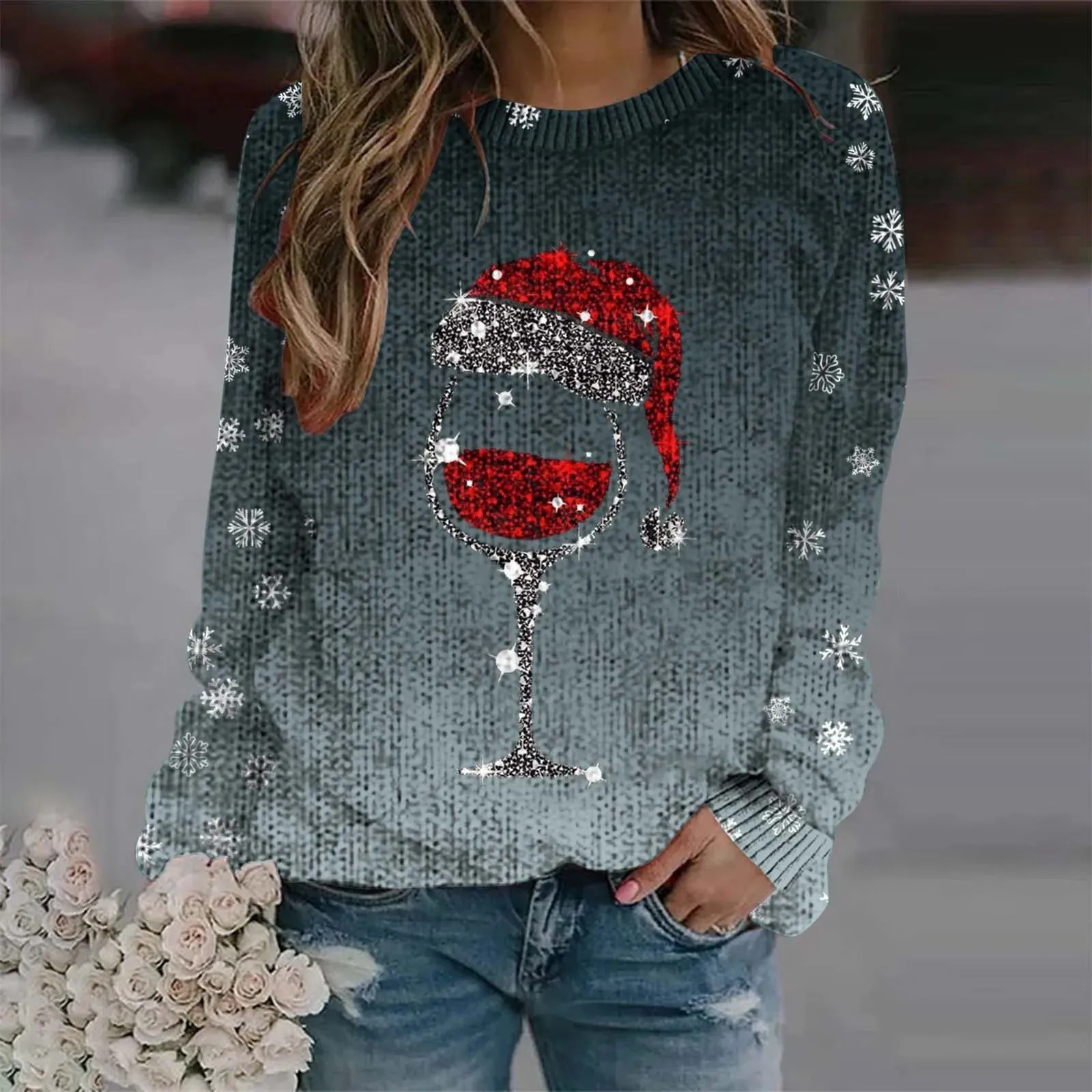 Sabina - Warm sweater with Christmas wine glass and printed Santa hat for women