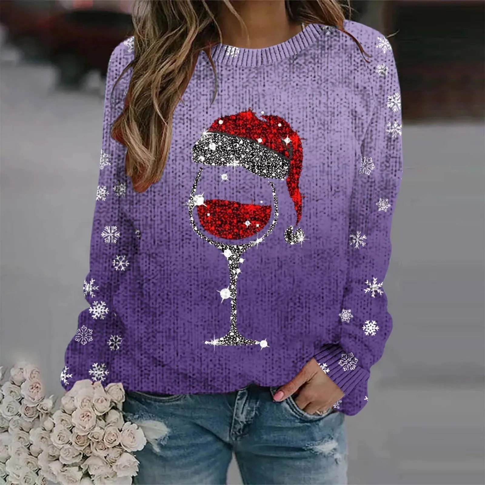 Sabina - Warm sweater with Christmas wine glass and printed Santa hat for women