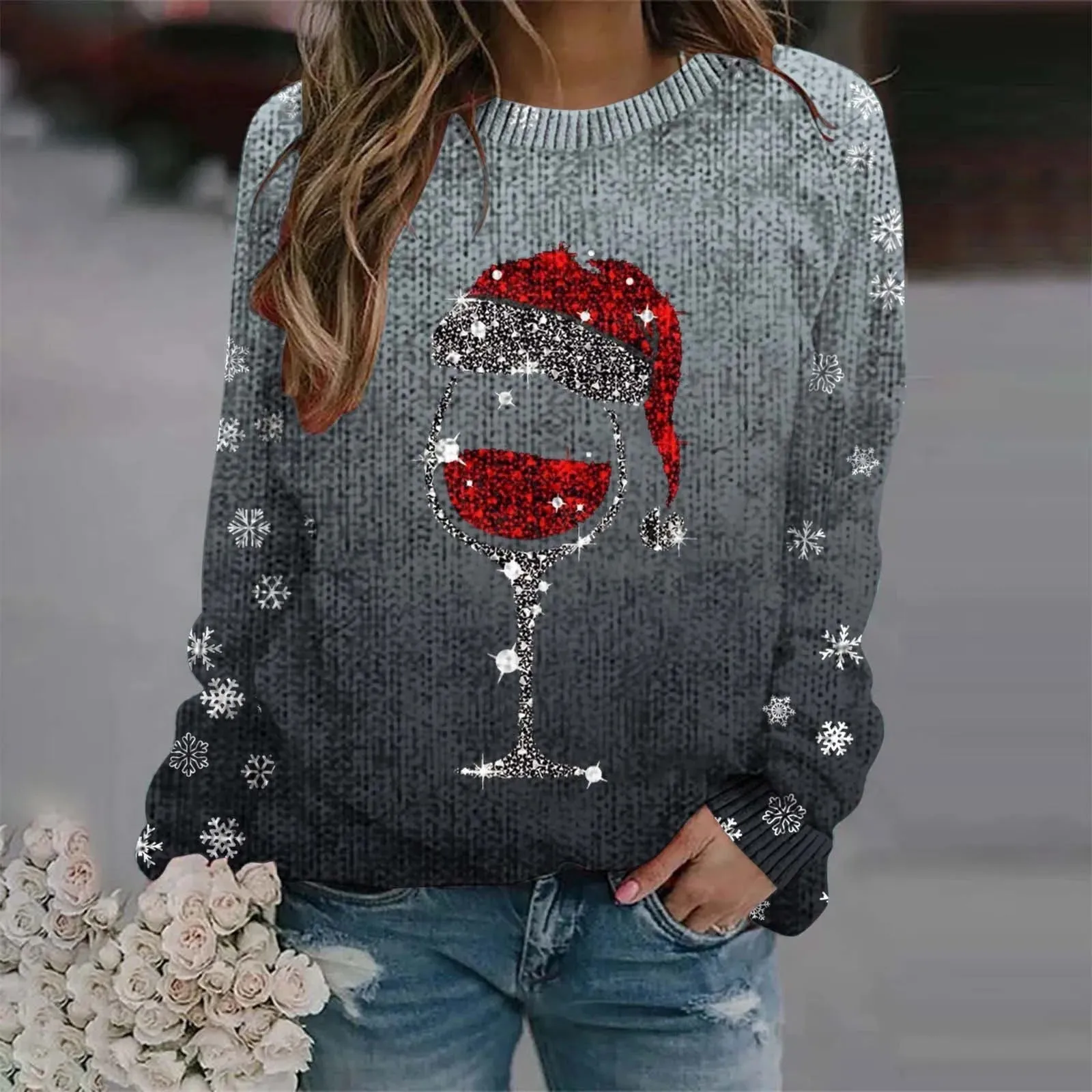 Sabina - Warm sweater with Christmas wine glass and printed Santa hat for women