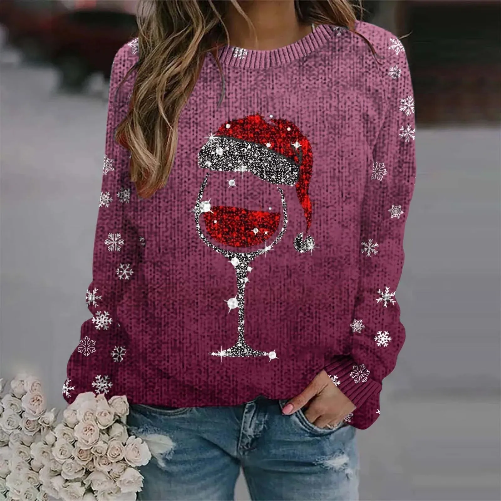 Sabina - Warm sweater with Christmas wine glass and printed Santa hat for women