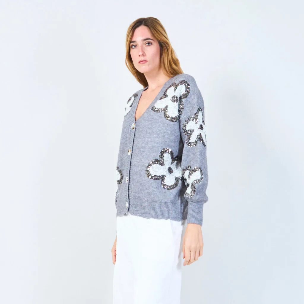 Sequin floral button-up cardigan wholesale