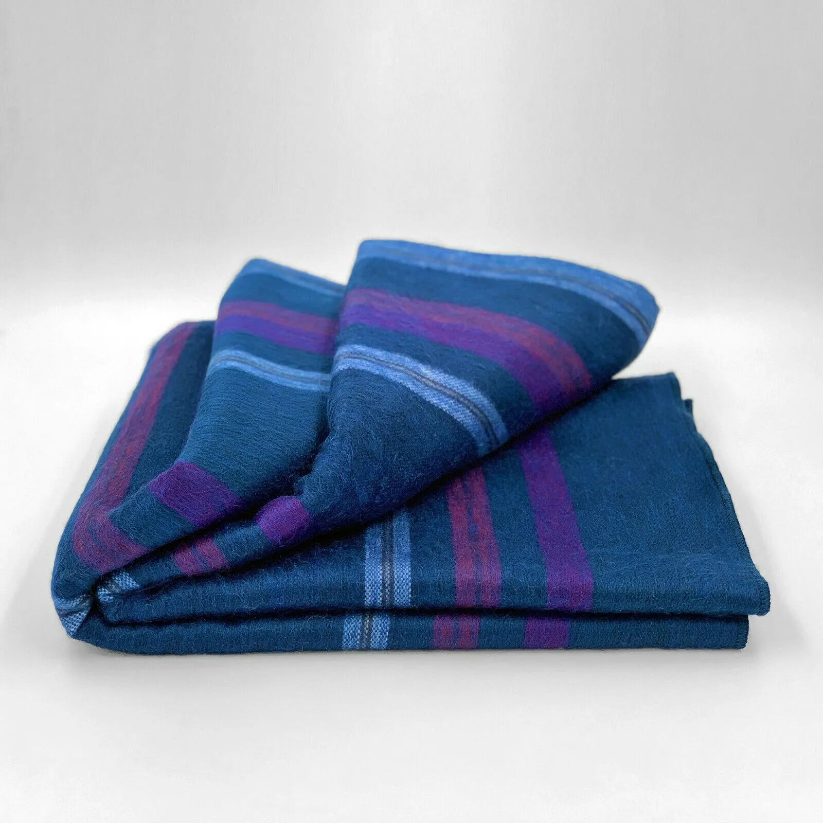 Tamboloma - Alpaca Wool Throw Blanket / Sofa Cover - Queen 90" x 67" - multi colored stripes pattern deep blue purple