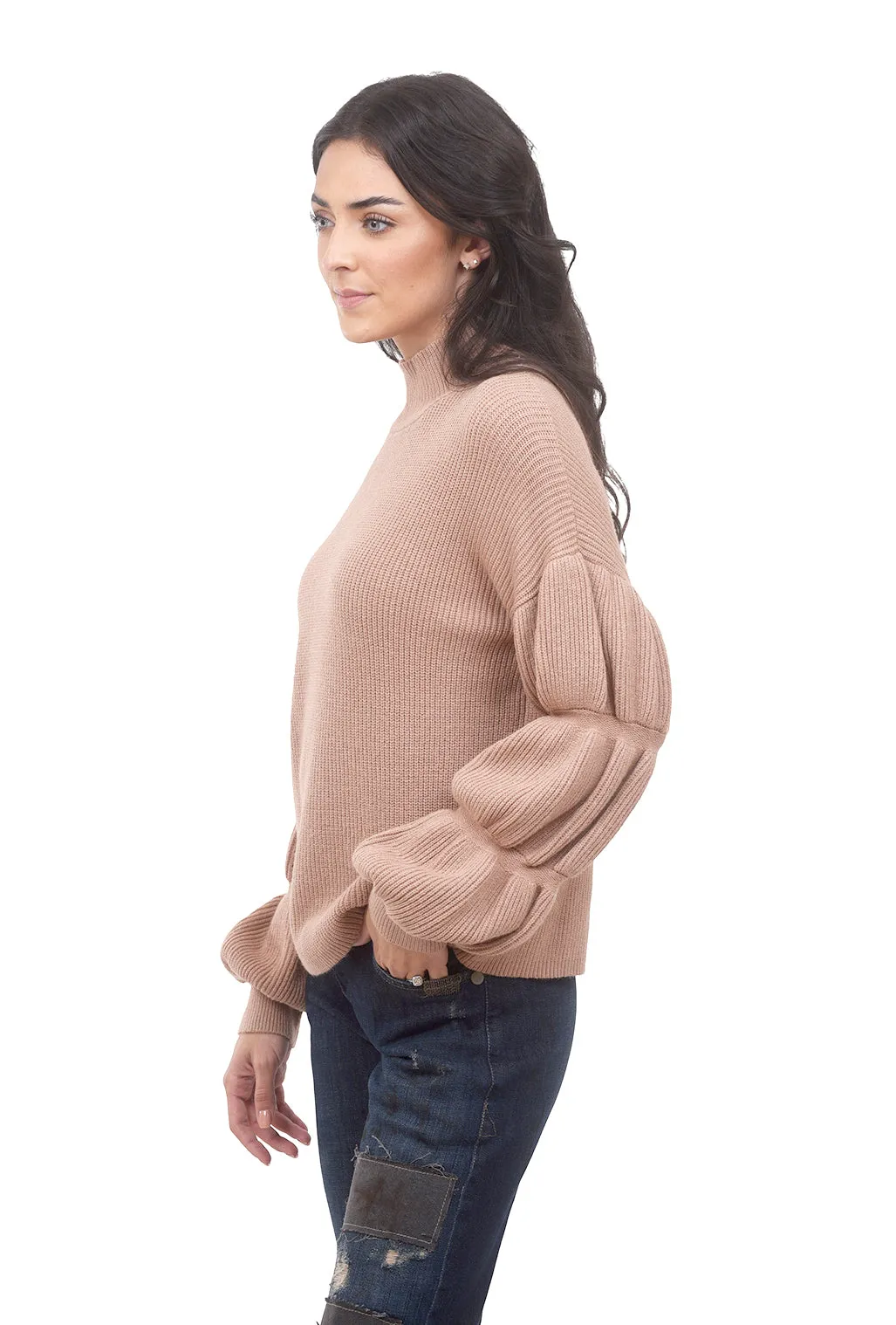 Triple-Puff Sleeve Sweater, Clay