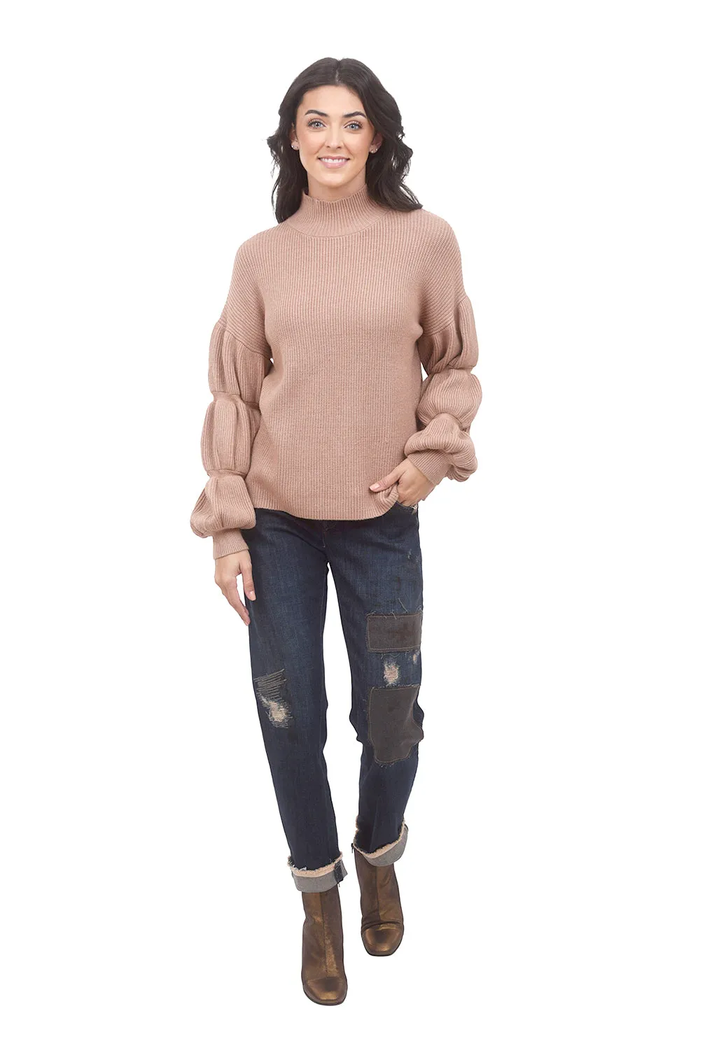 Triple-Puff Sleeve Sweater, Clay