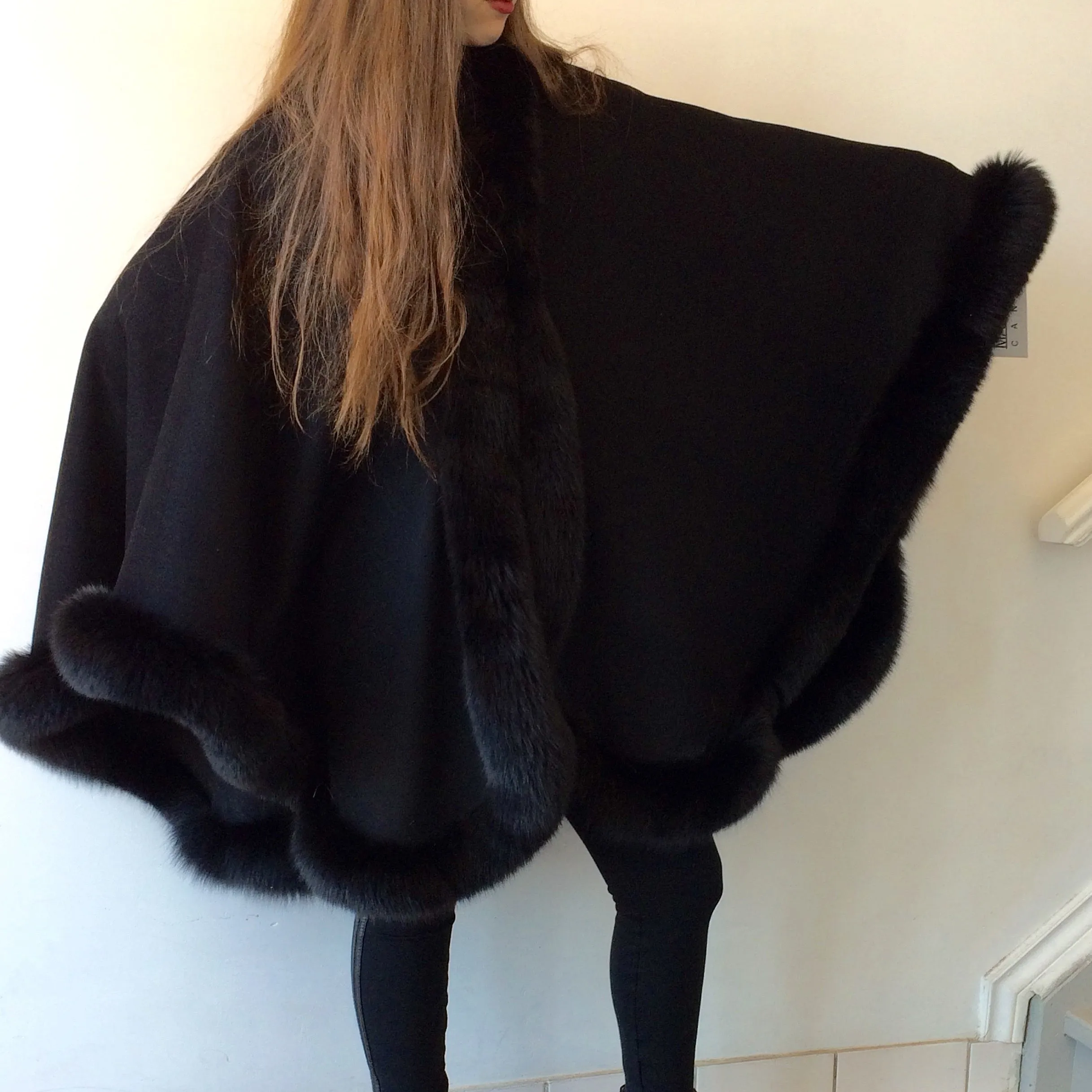 Vanessa Wrap Cape -  Cashmere & Wool Blend-Fox Trim All Around Edge