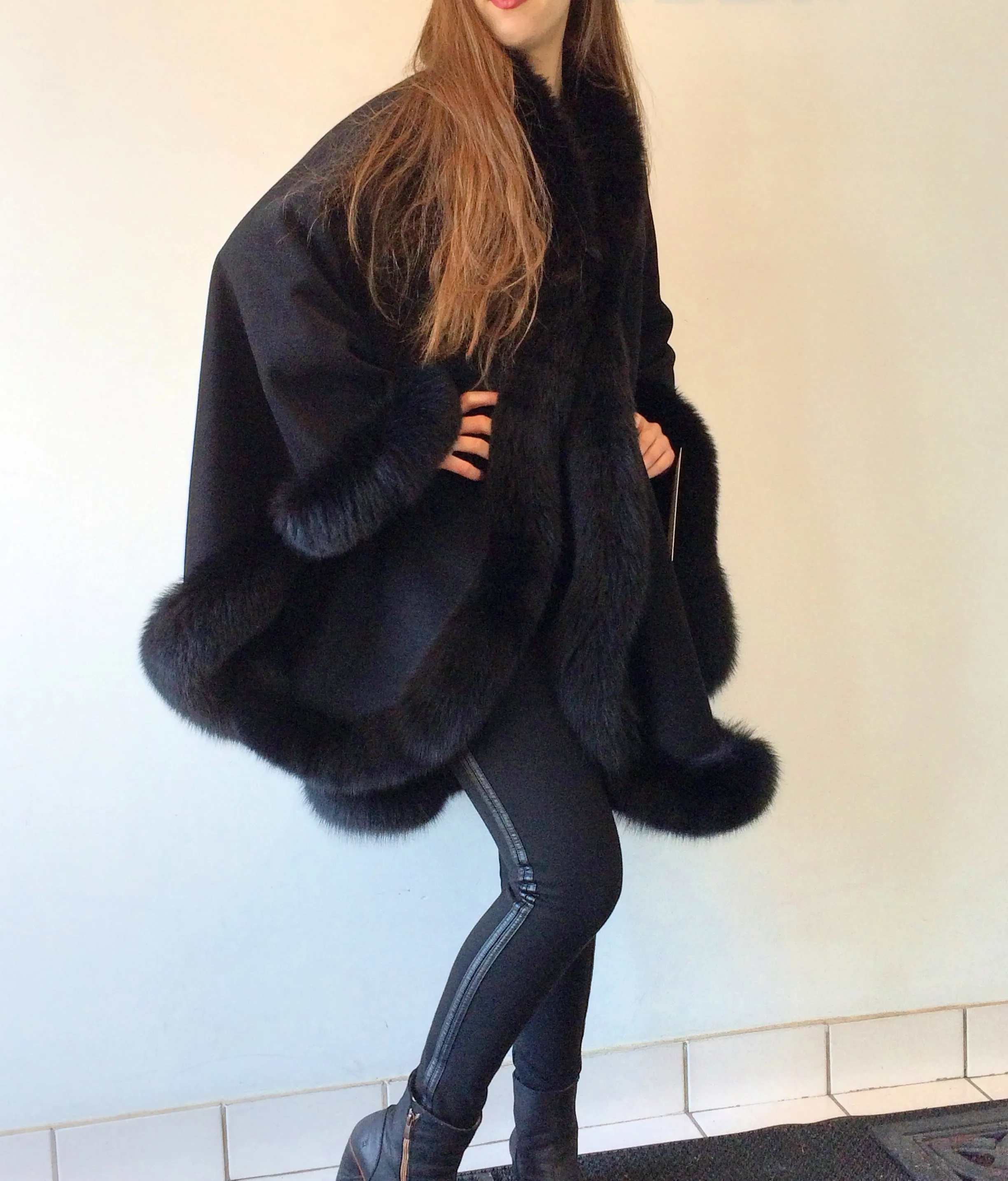 Vanessa Wrap Cape -  Cashmere & Wool Blend-Fox Trim All Around Edge