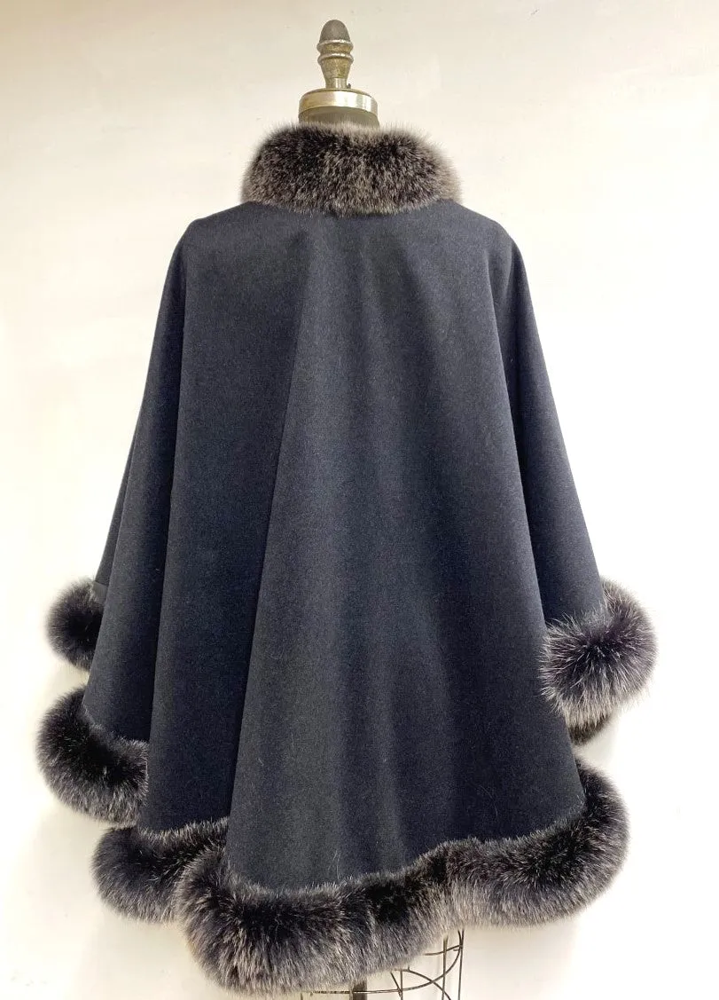 Vanessa Wrap Cape -  Cashmere & Wool Blend-Genuine Fox Trim All Around Edge